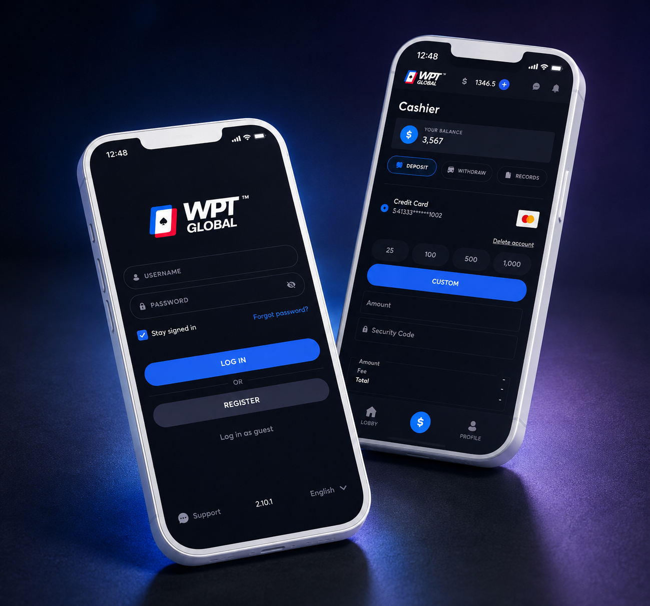 WPT扑克旧手机端客户端界面示意
